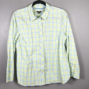 Talbots Petite Large LP Plaid Button Up Shirt Cotton Long Sleeve Yellow Blue